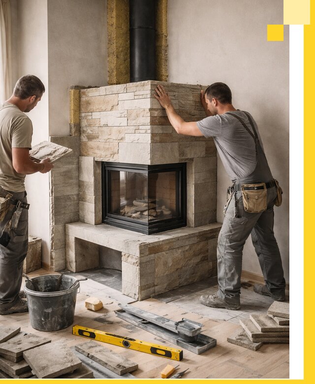 Угловые камины под ключ проект, монтаж и отделка в Муравленке